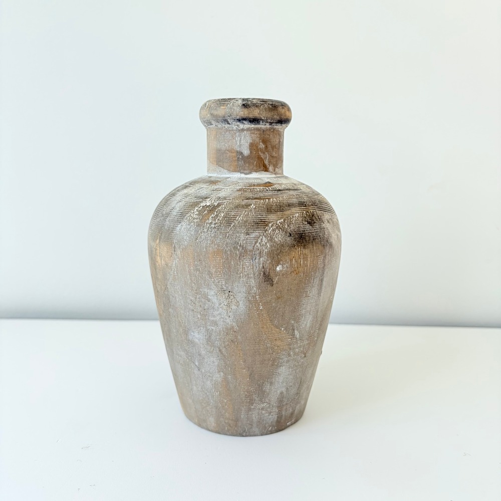 Vintage Hand Carved Whitewash Wooden Vase Rustic Farmhouse Decorative Vessel 7in